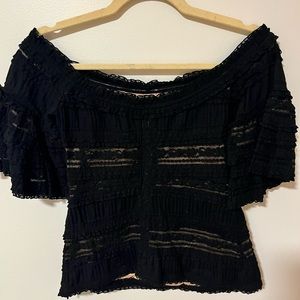 sweet off the shoulder black lace top with illusion lining, size medium
